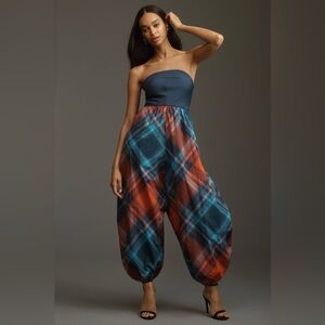 Maeve x Anthro Gathered Balloon Windbreaker Plaid Strapless Jumpsuit Small NWT